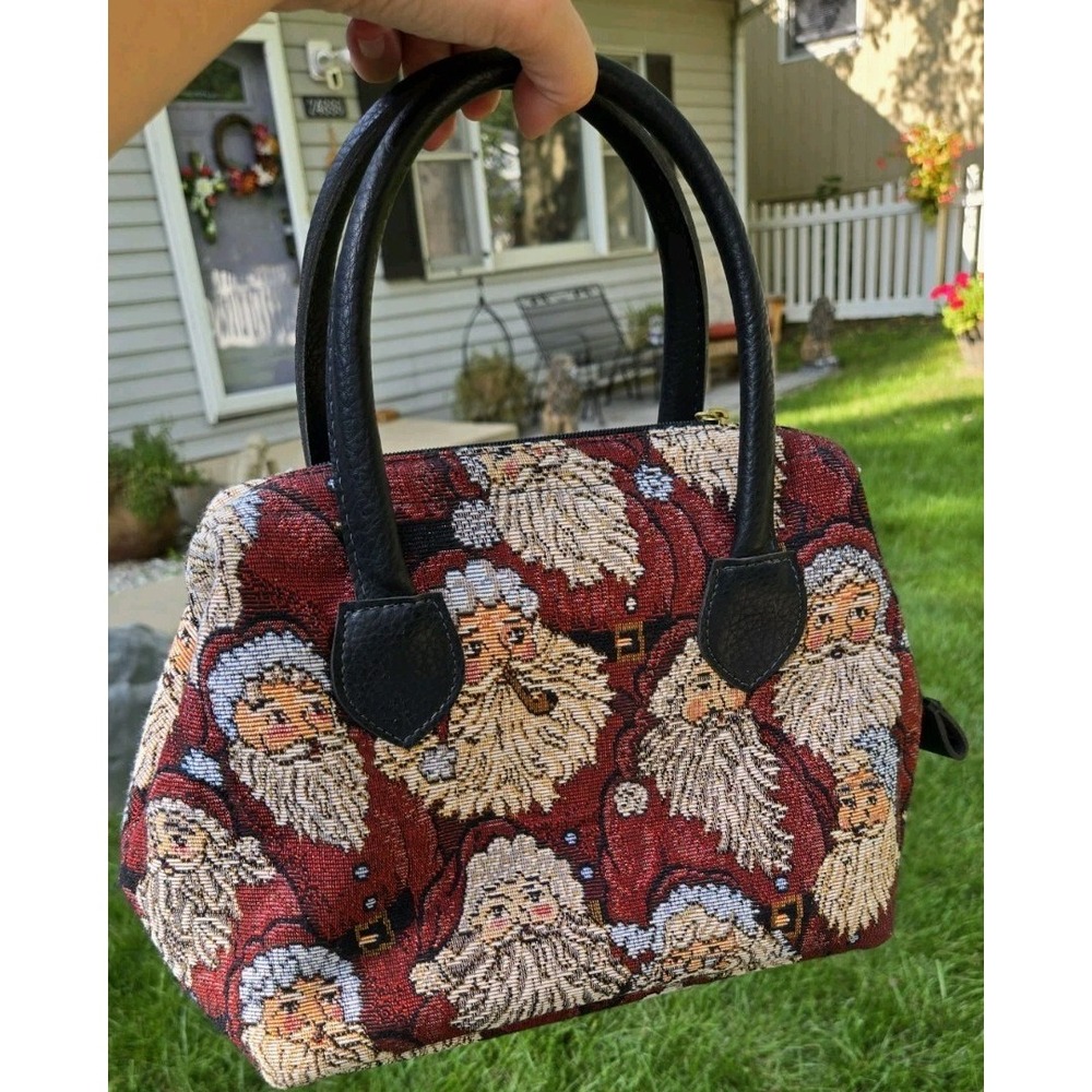 Vintage Santa Claus Tapestry Handbag Christmas Holiday Purse Gobelin Satchel